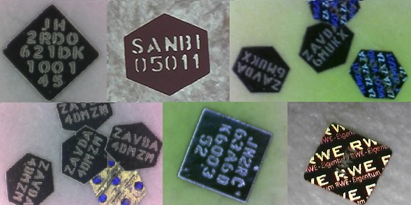Close-up of coded microDOT particles in different shapes, each carrying its own alphanumeric code